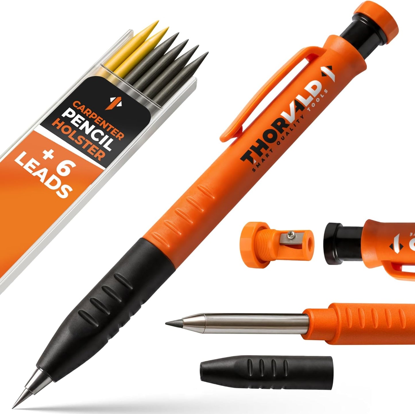 THORVALD New 3-in-1 Carpenter Pencils with Finger Grip for Construction - Incl. 7 Leads + Sharpener - Solid Mechanical Pencils with Fine Point/Best Marking tools Construction/Carpenters/Scriber