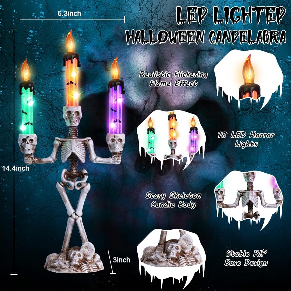 MEETYAMOR 2 Pcs Skull Halloween Candelabra Decorations Indoor, Halloween Candles Holder with LED Lights for Scary Haunted House Mansion Decor, Battery Operated Timer Candlesticks for Table Home Party