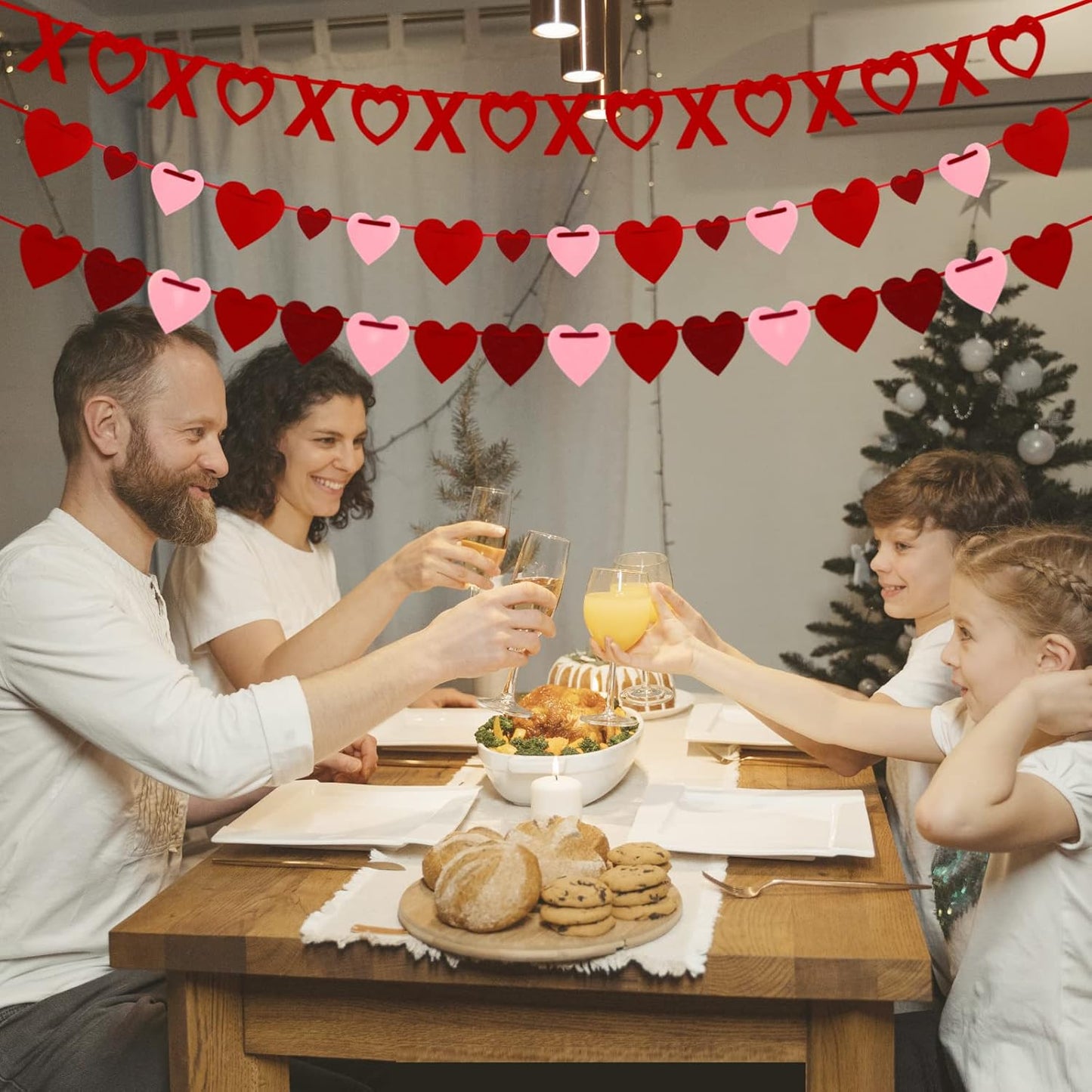 4Pcs Valentines Day Decorations Valentines Day Decor Handmade Love Heart XO Garlands Banner for Engagement Wedding Party Home Classroom Office, No DIY Required