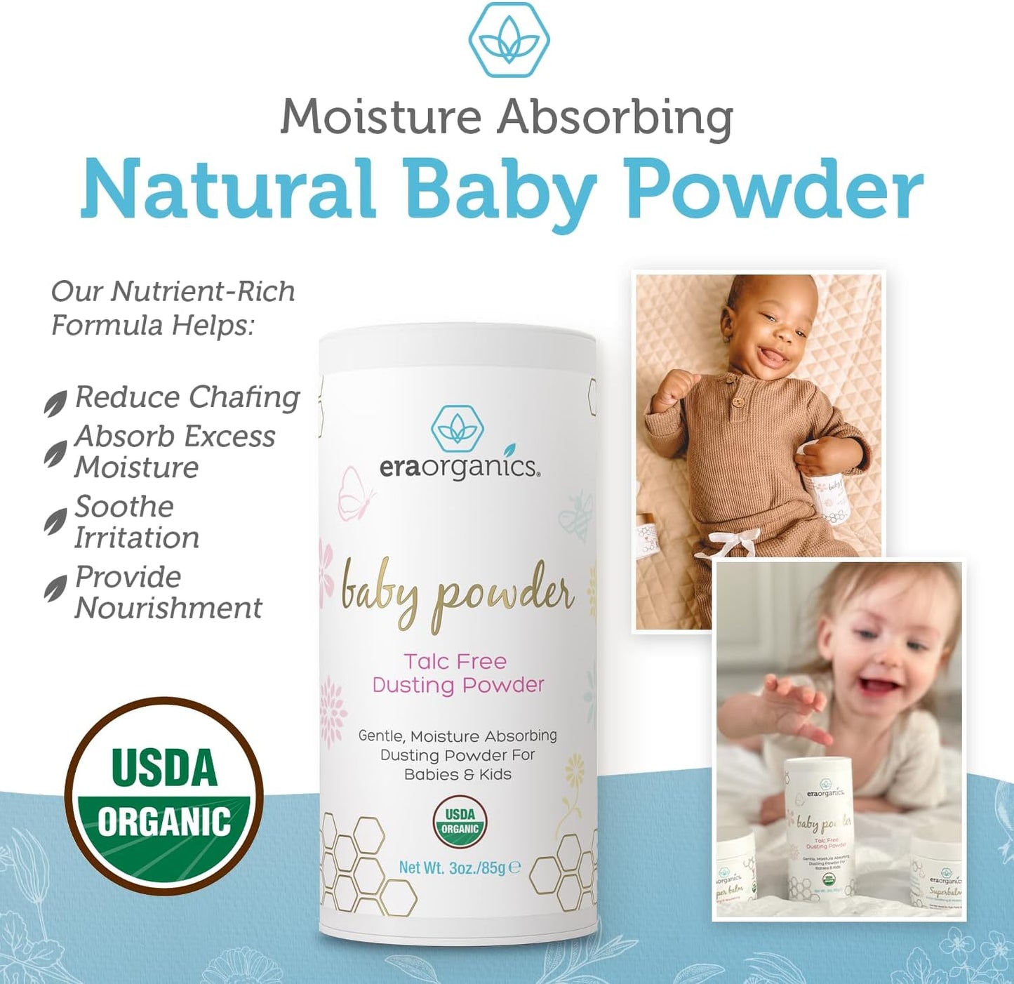 USDA Organic Baby Powder Talc-Free - Soothing Arrowroot, Calendula and Cornstarch for Newborn, Babies or Toddlers - Made in USA - 3oz/85g - Cart Shape