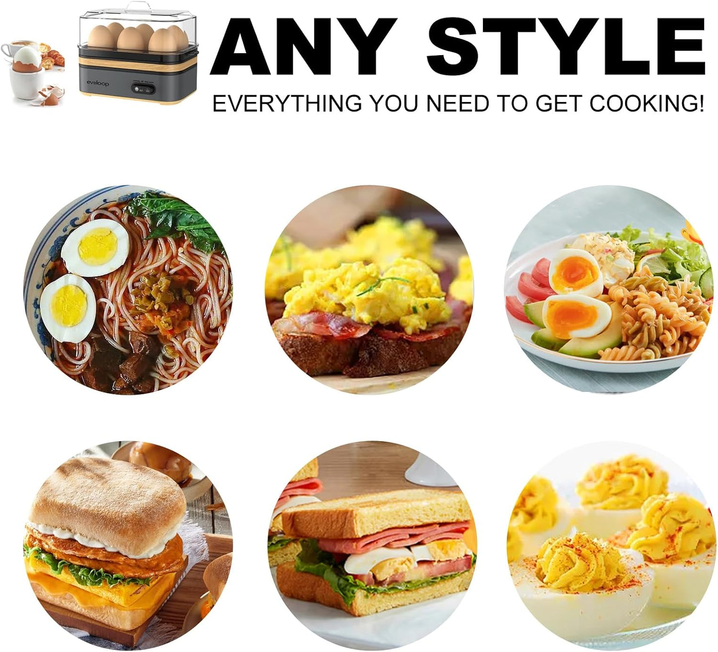 Evoloop Rapid Egg Cooker Electric 6 Eggs Capacity, Soft, Medium, Hard Boiled, Poacher, Omelet Maker Egg Poacher With Auto Shut-Off, BPA Free