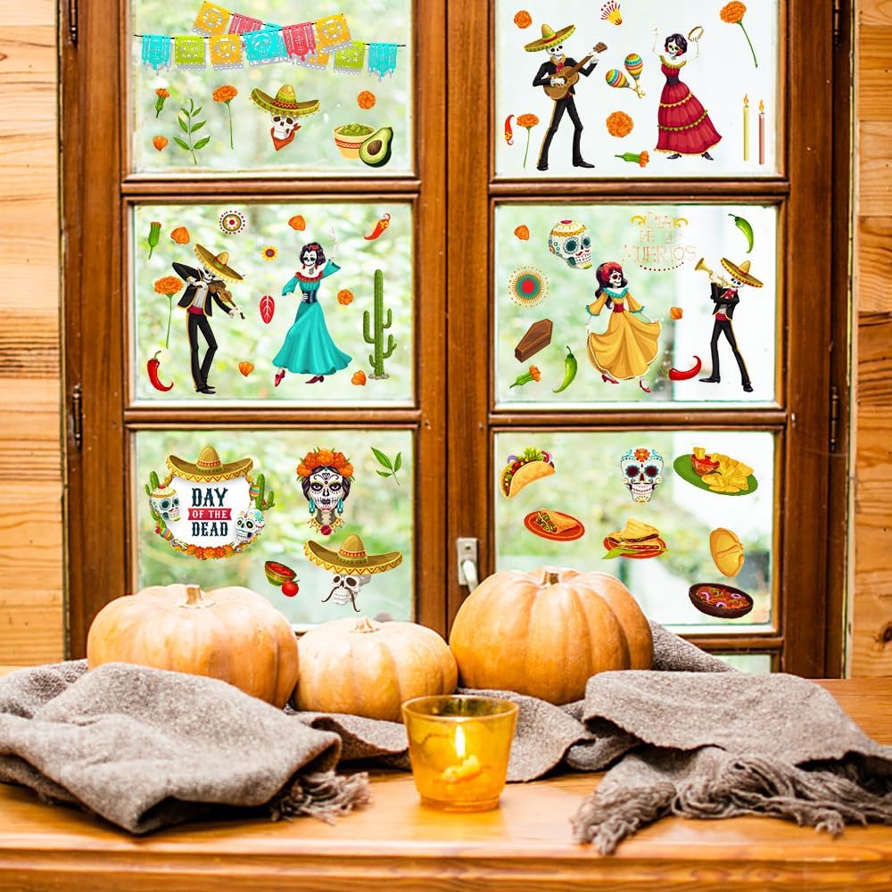 9 Sheets Halloween Window Clings, Sugar Skull Flower Double-Sided Window Stickers Reusable Static Day of The Dead Guitar Grave Window Decals for Mexican Dia De Los Muertos Decorations Party Supplies