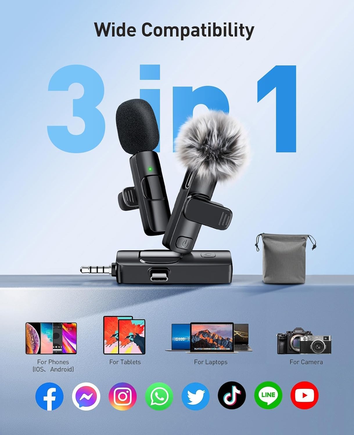 3-in-1 Mini Microphone for iPhone: Wireless Lavalier Microphones for iOS/Android/Camera - Noise Reduction Lapel Mic forLive Stream - HiDefSound for Video Mavericks - Texture Black