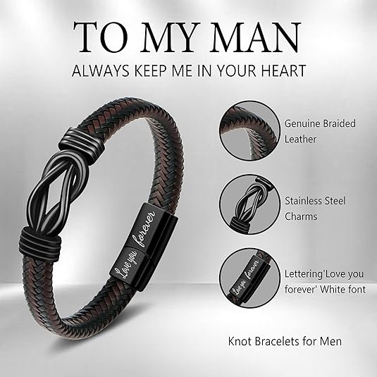 𝗞𝗻𝗼𝘁 𝗕𝗿𝗮𝗰𝗲𝗹𝗲𝘁 𝗚𝗶𝗳𝘁𝘀 𝗳𝗼𝗿 𝗠𝗲𝗻 Brown Braided Leather Stainless Steel Infinity Bracelets Lettering Love You Forever Gifts for Son Grandson Husband Boyfriend Brother Always Linked Together