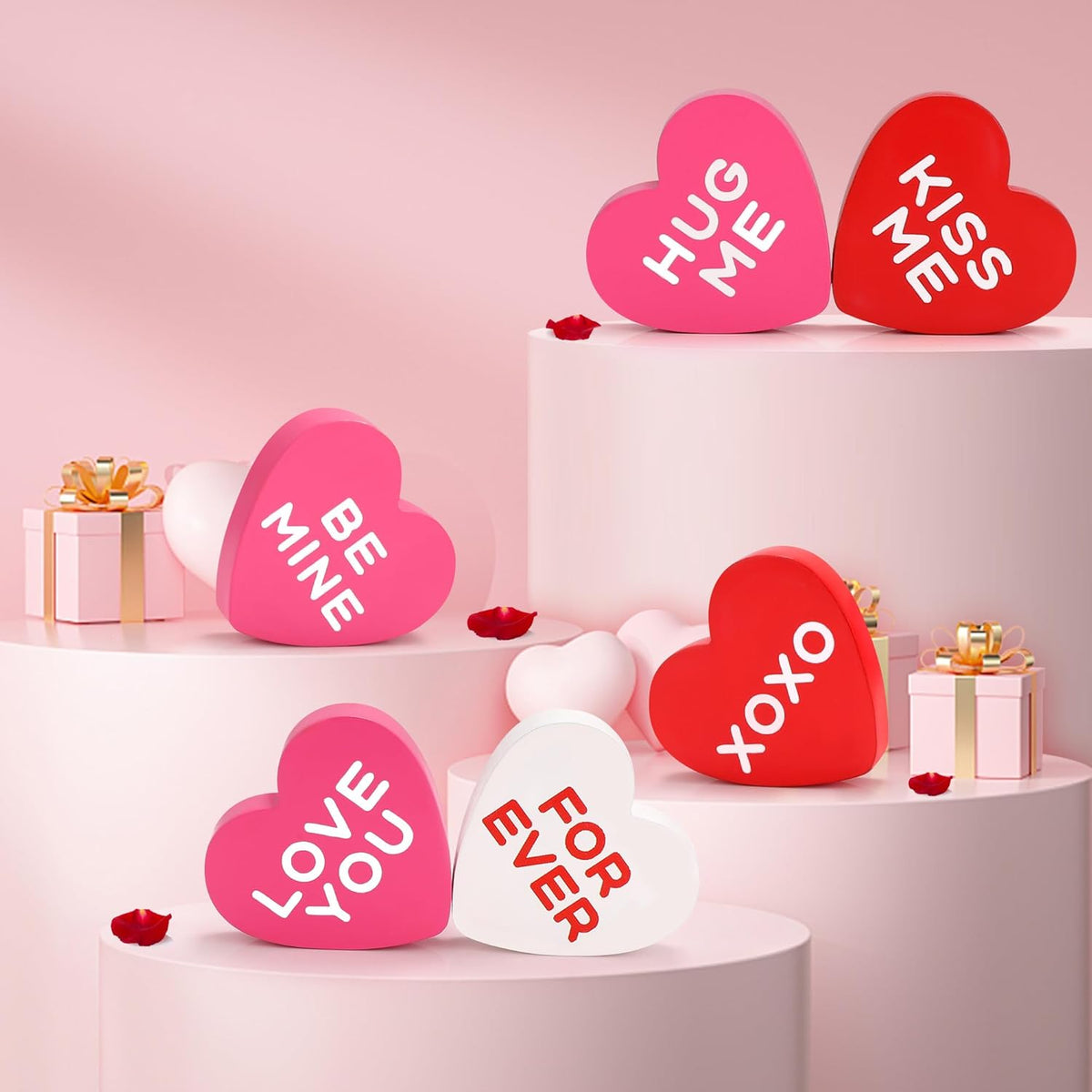 Valentines Day Decorations Wooden Sign, 6 Piece Small Heart Shaped Decor, Love Candy Table Centerpiece for Tiered Tray, Home, Kitchen, Rustic Living Room, Shelf, Wedding, Party (Red Pink and White)