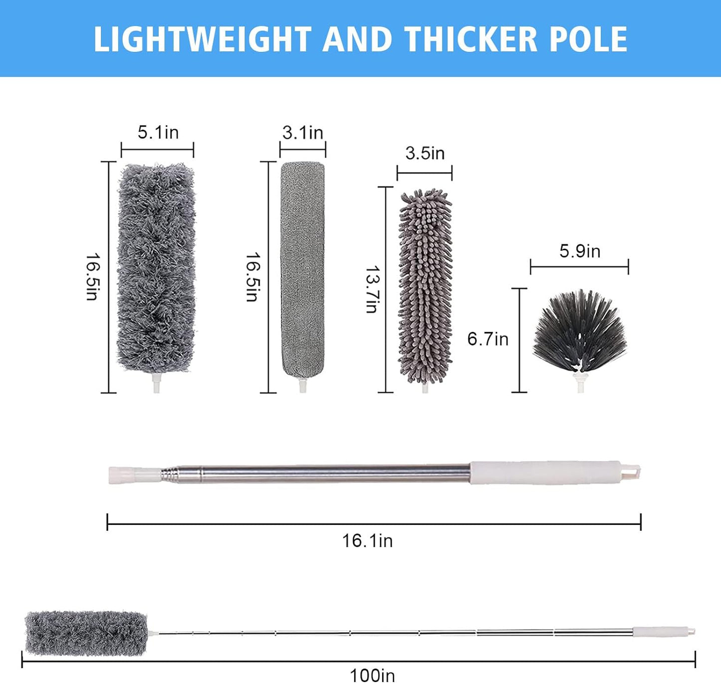 Microfiber Feather Duster 5-in-1 Kit, Dusters for Cleaning, Duster with Extension Pole 100 Inches, Cobweb Duster, Microfiber Dusters for High Ceilings and Fans, Blinds, Cars and Furniture