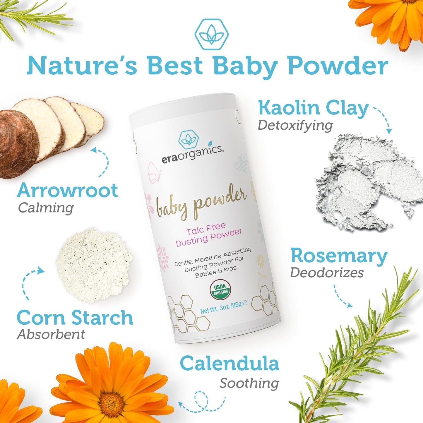 USDA Organic Baby Powder Talc-Free - Soothing Arrowroot, Calendula and Cornstarch for Newborn, Babies or Toddlers - Made in USA - 3oz/85g - Cart Shape