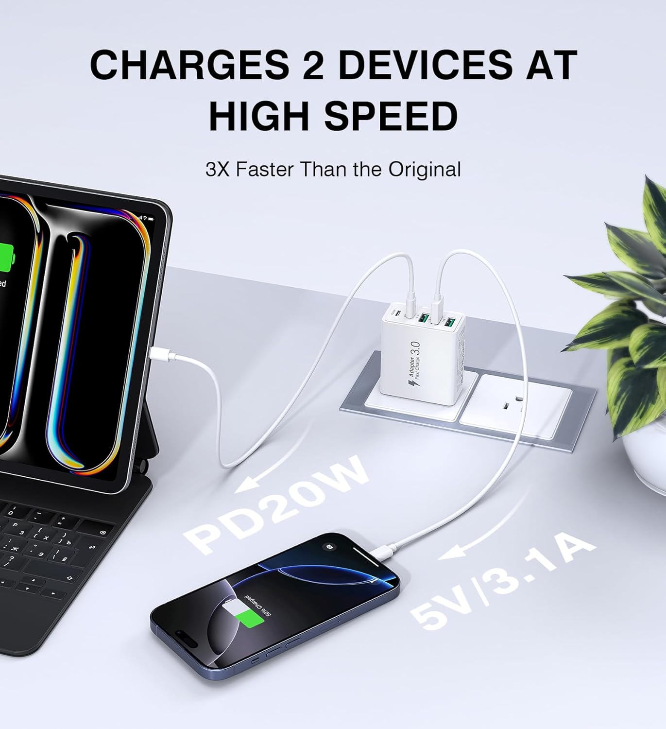 USB C Wall Charger, 50W 5-Port PD Fast USB C Charging Block,2USB C+3USB A Multiport Plug,Type C Power Adapter Brick Cube for iPhone 16/15/14/13/12/Pro Max/XS,iPad,for Switch,Samsung,Ultra 2