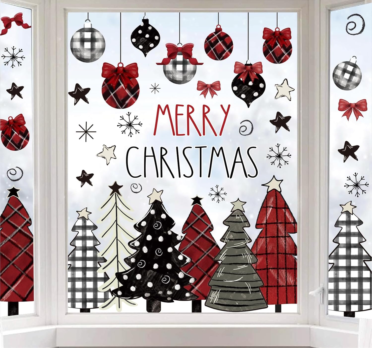 Whaline Merry Christmas Window Clings Red Black Xmas Tree Ball Snowflake Window Stickers Double-Side Plaid Glass Decals for Home Party Supplies, 7.9 x 11.8 Inch, 9 Sheets