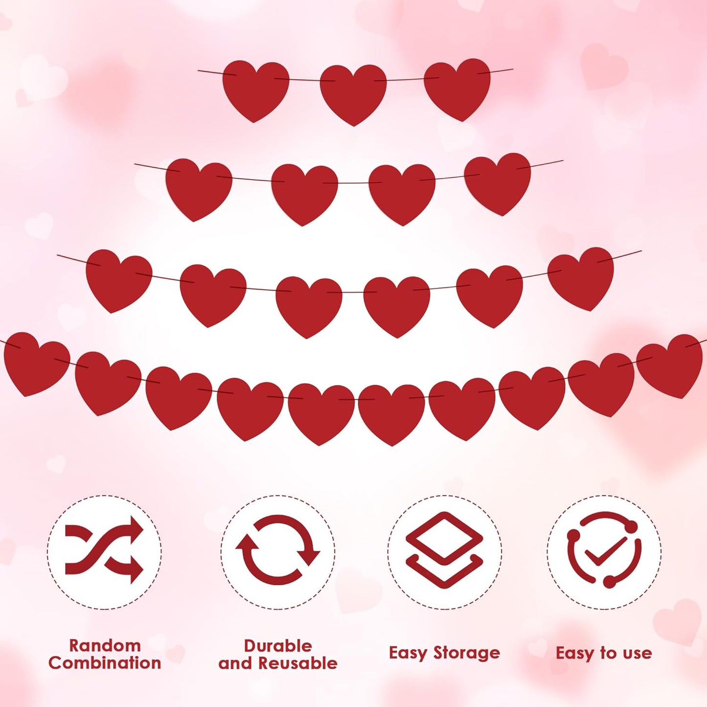 OHOME Valentines Day Decorations - Valentines Banner - Valentines Decor Red Heart Garland 40 Pack Valentines Day Backdrop Galentines Day Decorations Party Favors for Door Wall Classroom School Home