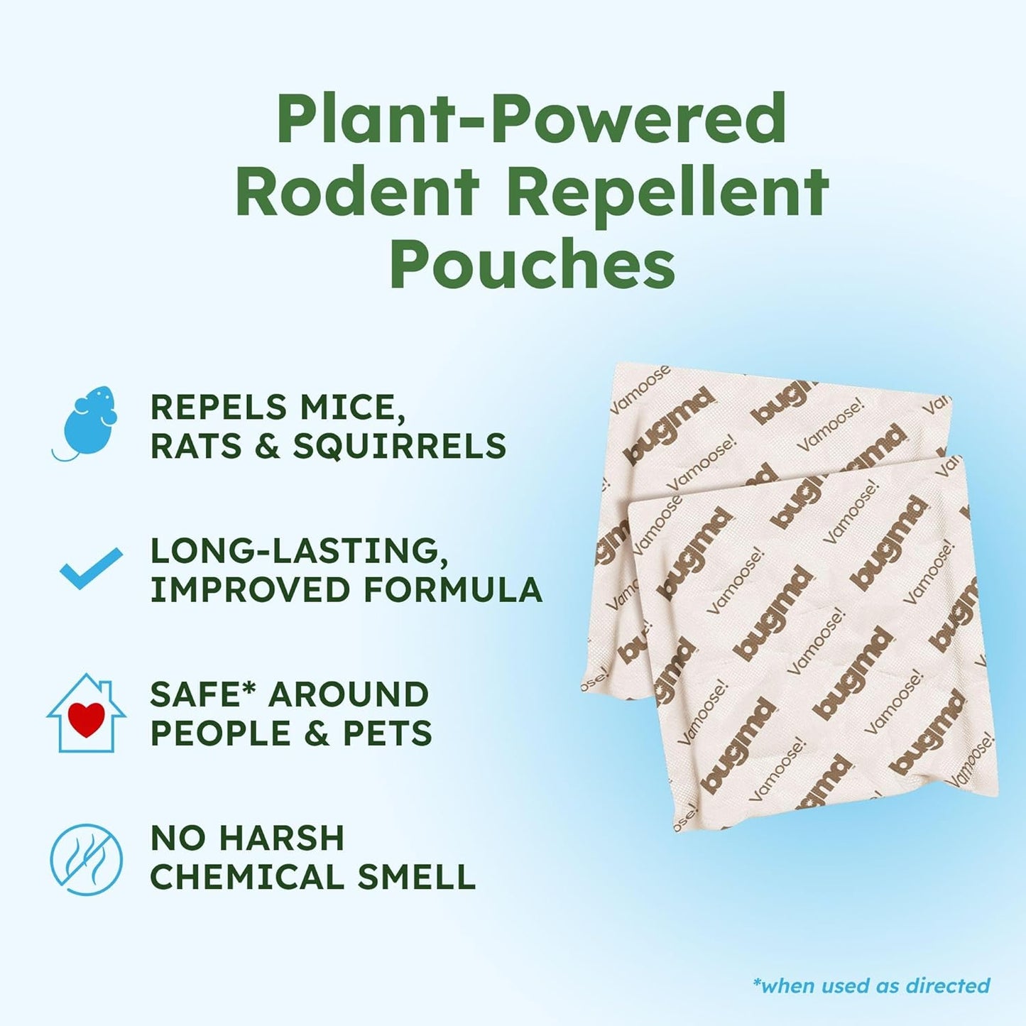BugMD Vamoose! Plus Peppermint Oil Mouse Repellent Pouches | Natural Mice Repellent Indoor & Rat Deterrent for House, Garage, RV, Car & Storage | Plant-Powered Rodent Control - 1 Pack - 4 Pouches