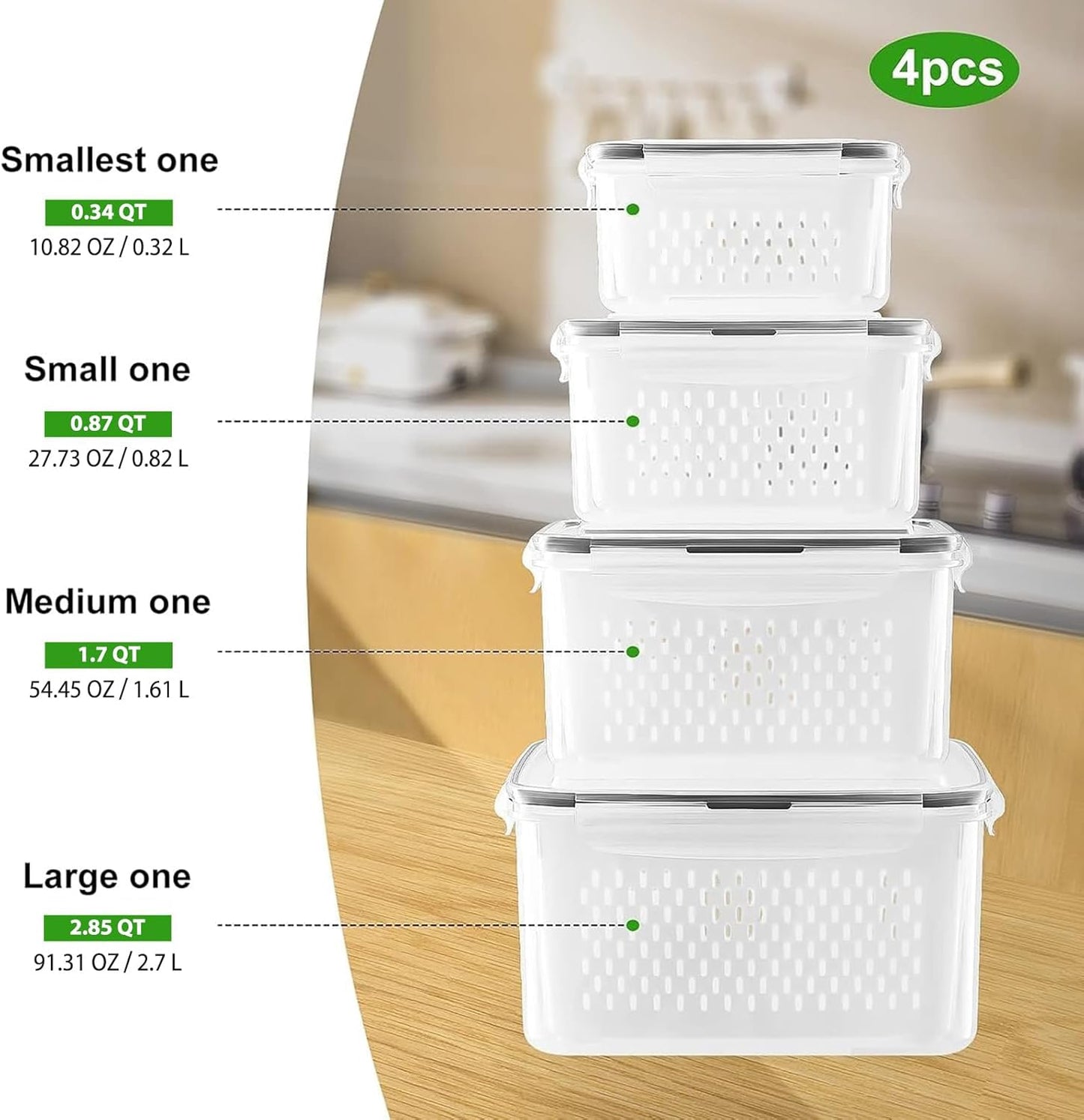 Freshmage Fruit Storage Containers for Fridge with Removable Colander, Airtight Food Storage Container, Dishwasher Safe Produce Saver Container for Refrigerator, Keep Berry Fruit Fresh 4 pcs Small