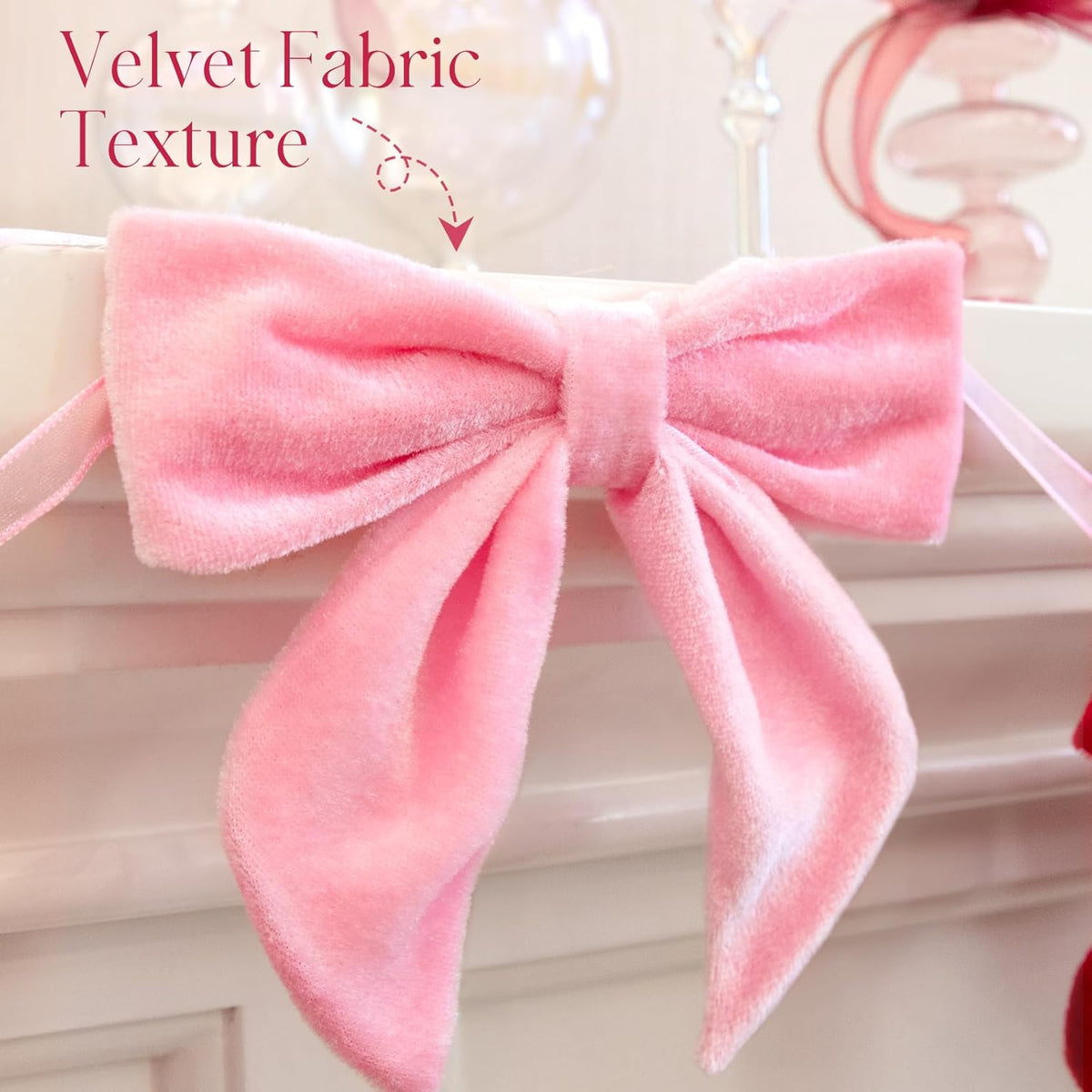 Valentines Day Decorations - 6.5 Ft Pink and Red Velvet Bow Garland - Valentines Day Decor for Home Party Office - Coquette Room Decor for Tree Door Table Wall Window Mantel