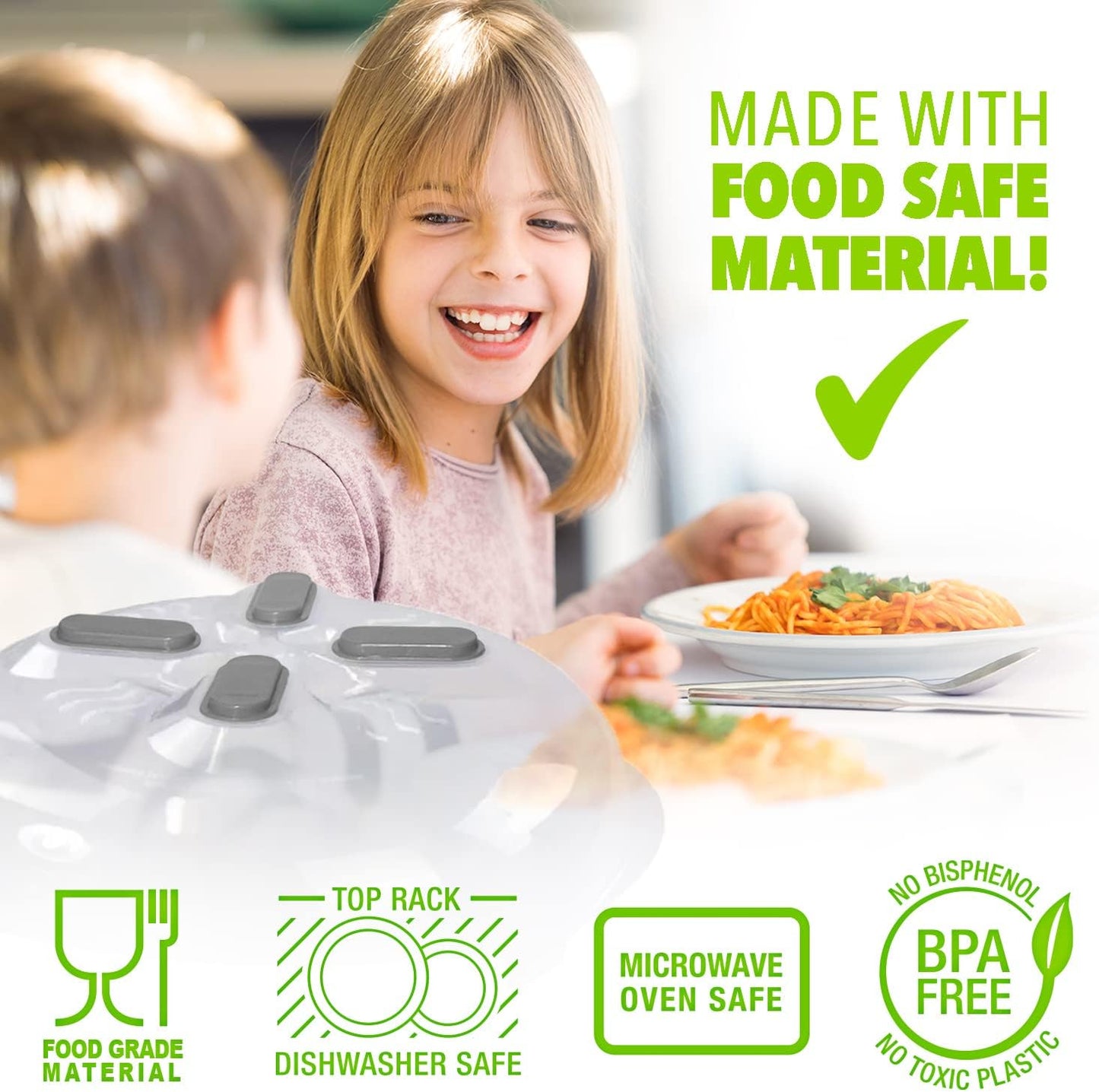 HOVER COVER Magnetic Splatter Cover, 12-Inch Clear BPA-Free Food Lid, Vented Plate Guard with Steam Vents, Anti-Splash Microwave Lid, Dishwasher Safe, Space-Saving Magnetic Storage - Gray