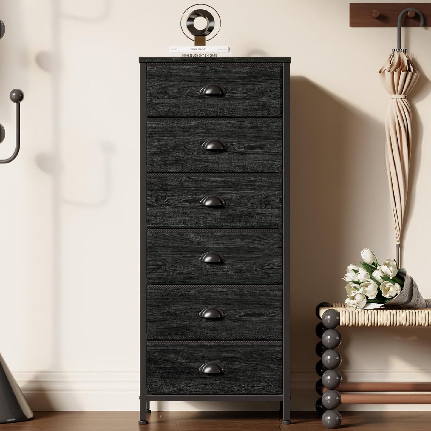 Furnulem Tall Dresser with 6 Drawers,Vertical Bedside End Table & Chest for Bedroom,Black Storage Tower Dorm Nightstand with Fabric Drawer Organizer Unit Furniture in Living Room,Closet,Hallyway