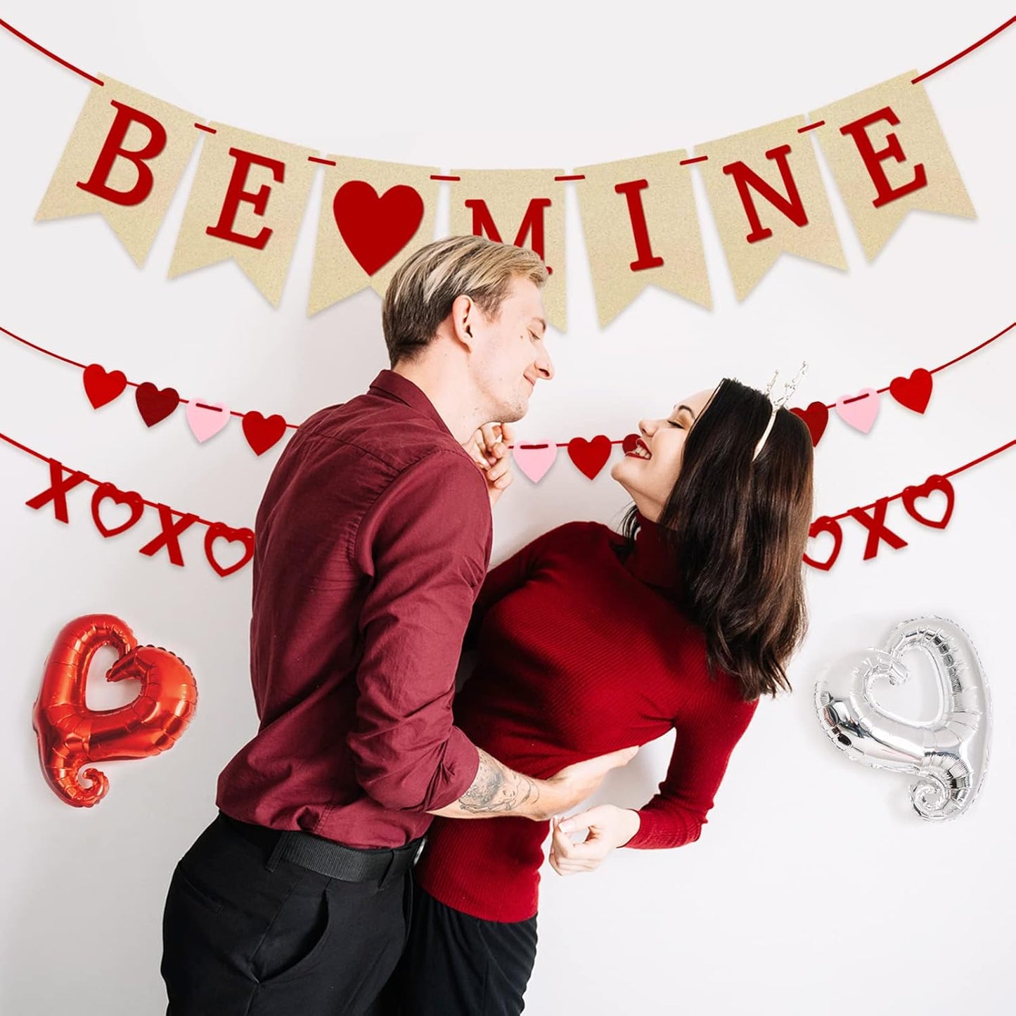 4Pcs Valentines Day Decorations Valentines Day Decor No DIY Required Handmade BE Mine Love Heart XO Garlands Banner for Home Wedding Party Anniversary