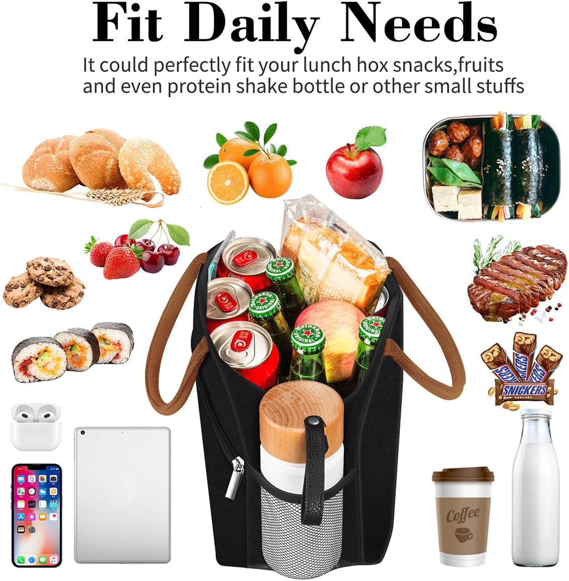 Coobiiya Lunch Box Lunch Bag for Women Adults Men, Reusable Cute Lunch Pail bag - Leakproof, Insulated Lunch Box Tote with Large Capacity, Cooler Lunch Container for Work/Travel/Office (Black)