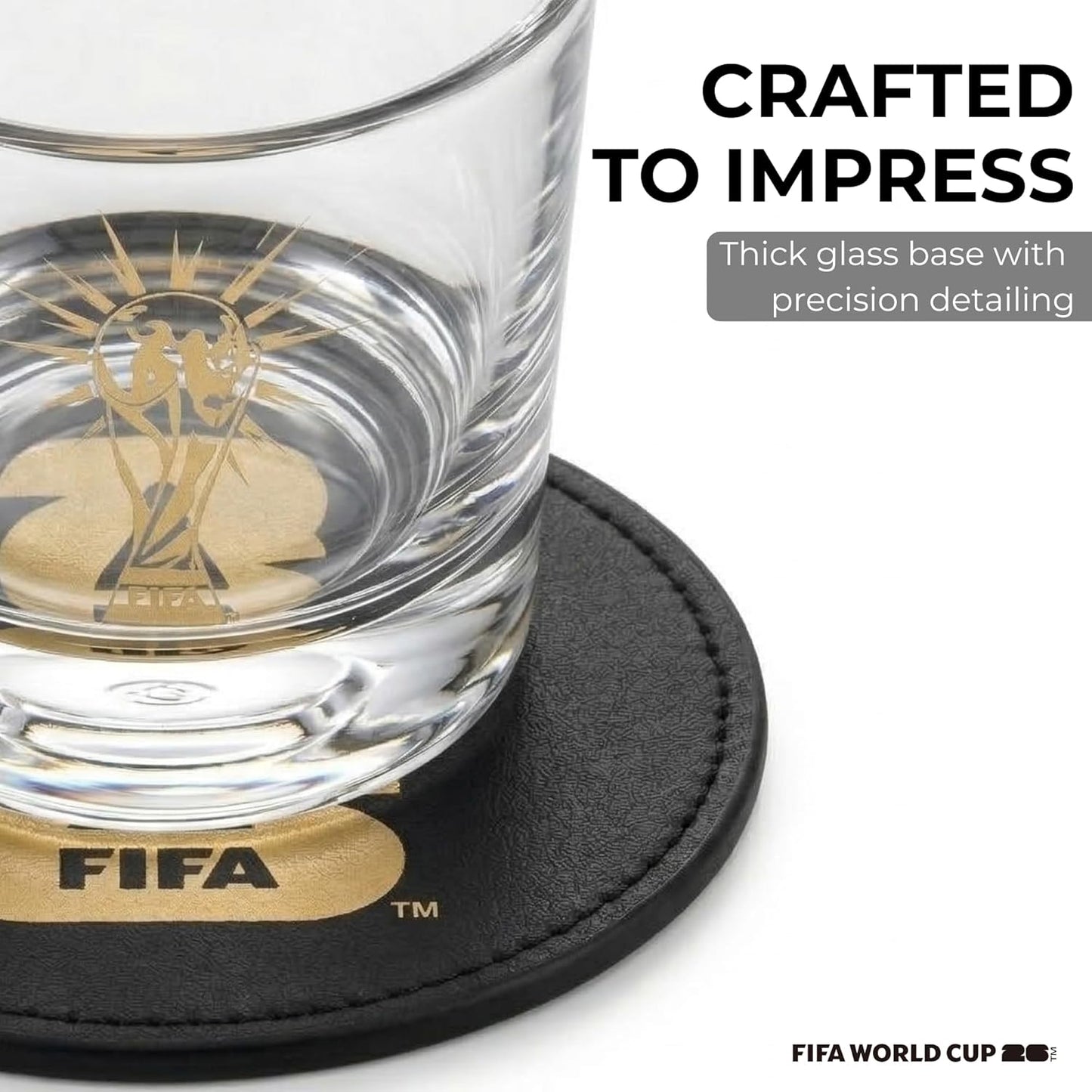 Official FIFA World Cup 2026 Edition - 8oz Whiskey Glass & Leather Coasters Gift Set - 2 of Each - Perfect for Parties, Bars, Tailgates, Mancaves & Gamedays - Once in a Lifetime Drinkware Set