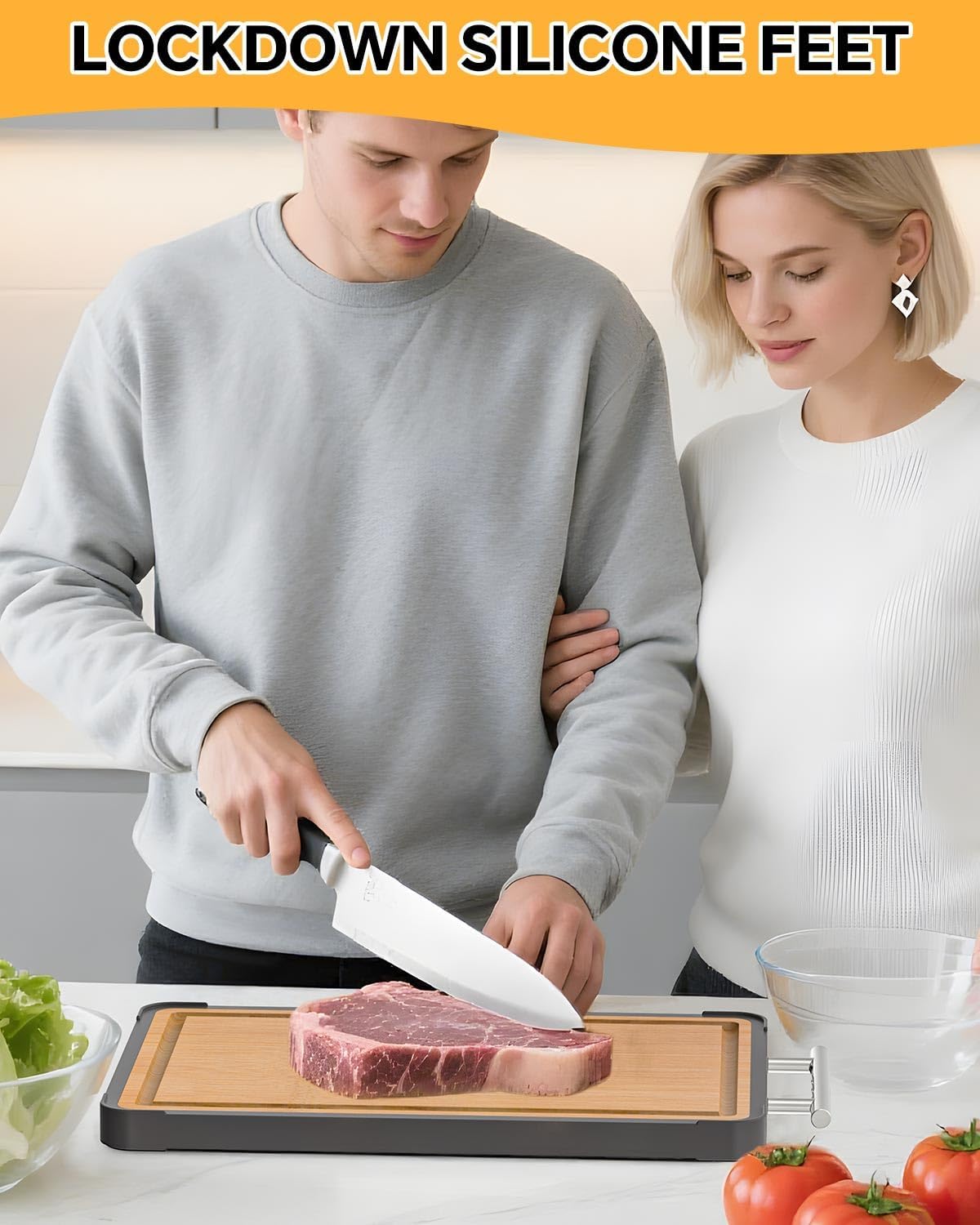 Cutting Boards for Kitchen - Food Grade Double Sided Pure Titanium& Bamboo Chopping Board with Handle, Slip resistant Non-toxic Charcuterie Board Housewarming Gifts (16×11)