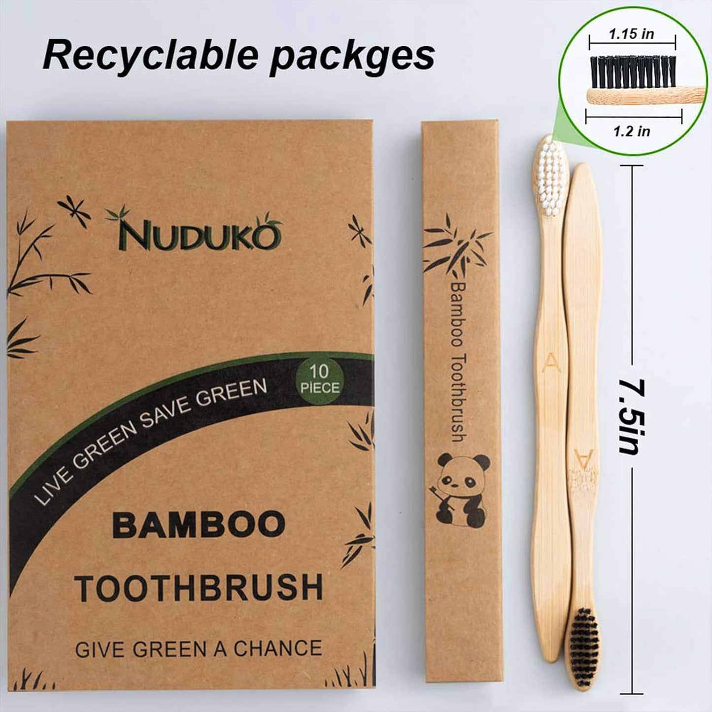 Biodegradable Bamboo Toothbrushes, 10 Piece BPA Free Soft Bristles Toothbrushes, Natural, Eco-Friendly, Green and Compostable