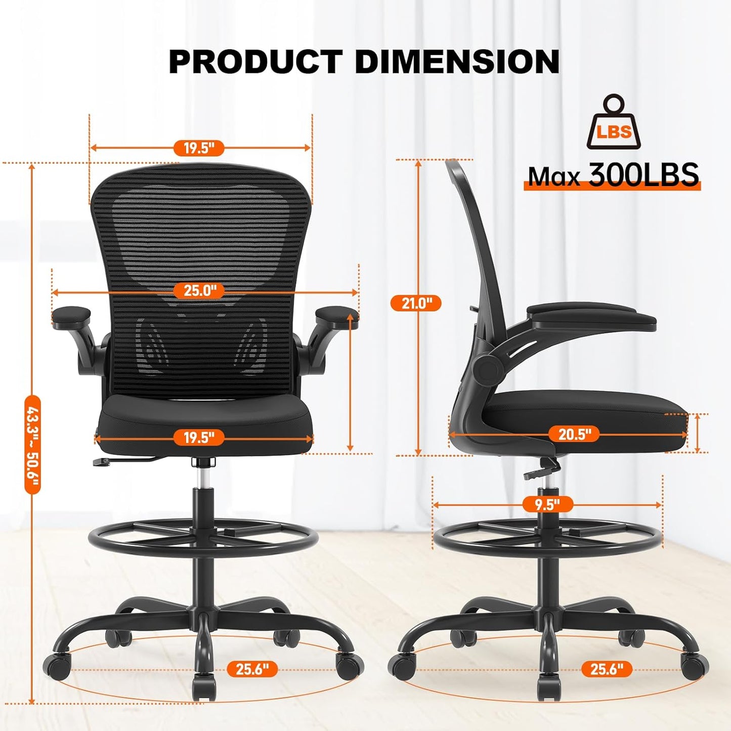 Ergonomic Drafting Chair, Tall Office Chair with Flip-up Armrests, Breathable Mesh High Desk Chair with Lumbar Support Adjustable Footrest Ring for Standing Desk Black