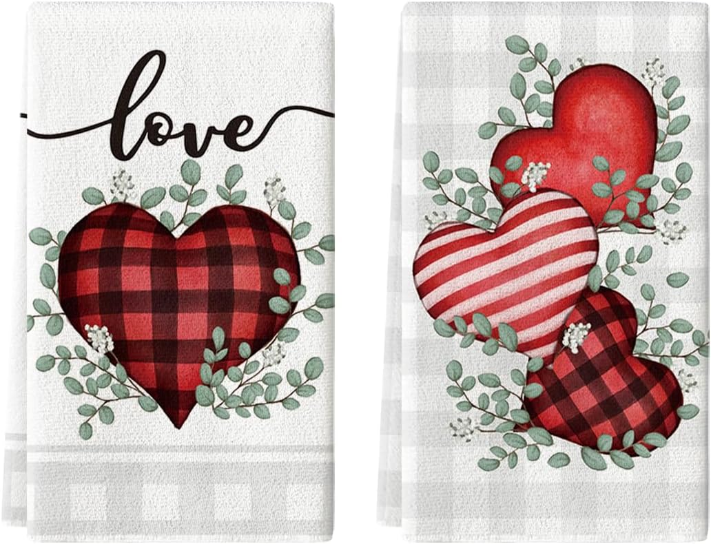 Artoid Mode Red Buffalo Plaid Heart Love Valentine's Kitchen Towels Dish Towels, 18x26 Inch Anniversary Wedding Decoration Hand Towels Set of 2