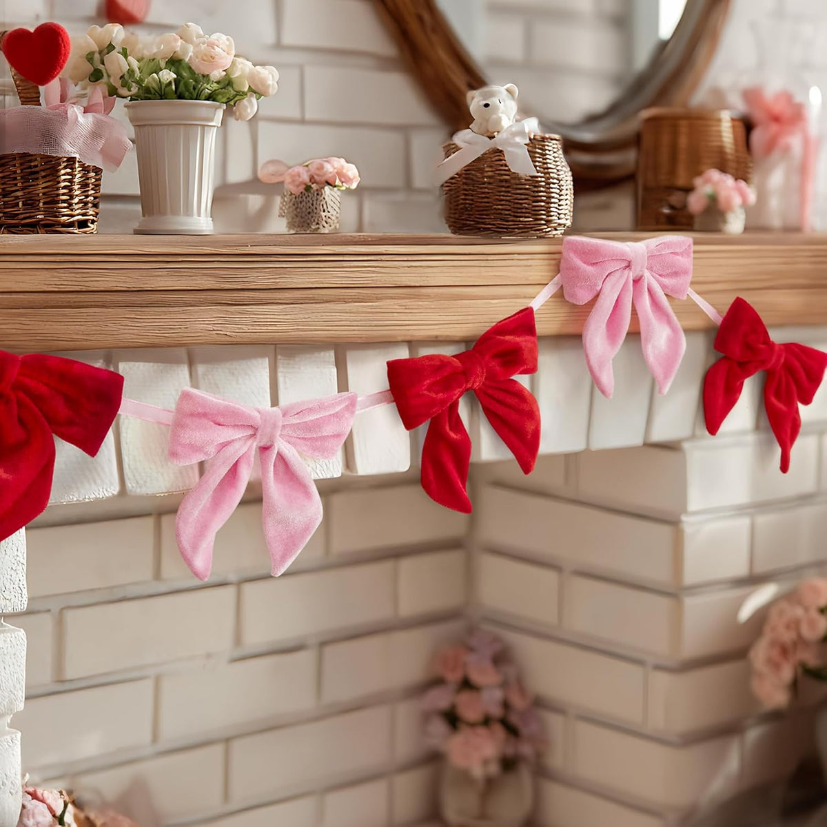 Valentines Day Decorations - 6.5 Ft Pink and Red Velvet Bow Garland - Valentines Day Decor for Home Party Office - Coquette Room Decor for Tree Door Table Wall Window Mantel