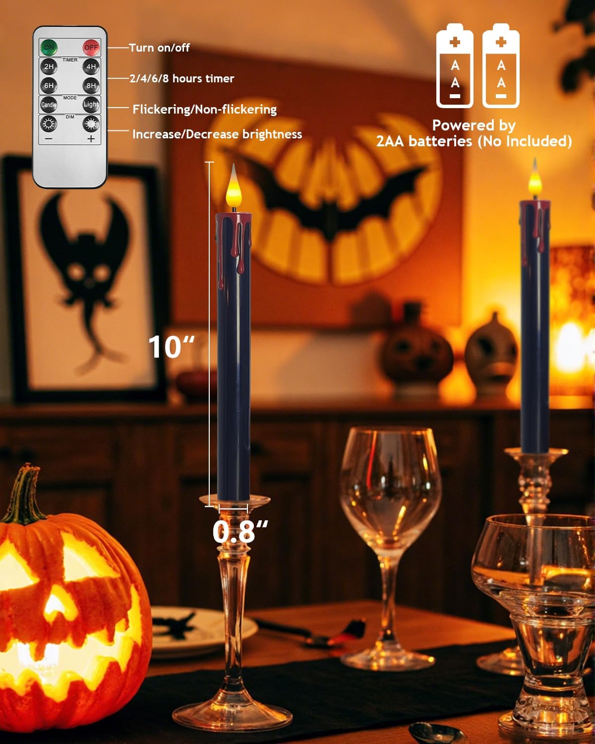 Flameless Bleeding Candles – 6 Pack, Black LED Taper Candles with Red Dripping Wax Effect, 0.8 x 9.9 Inches, Includes 2 Remotes – Creepy Halloween Decor for Haunted Houses & Horror Parties