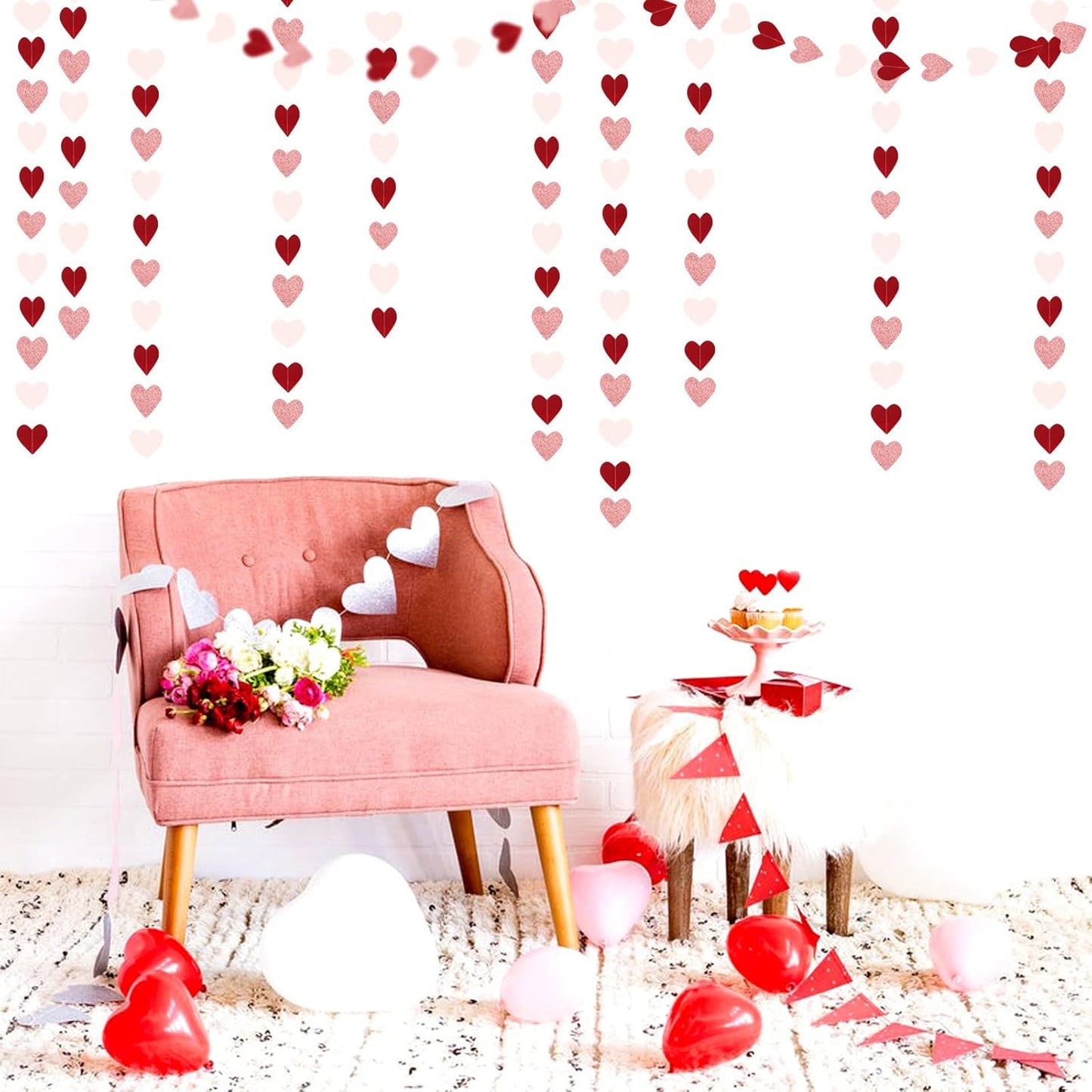 Rose-Gold Pink Burgundy-Red Party-Decorations Garland - 52Ft Heart Paper Streamers Banner, Valentines Mothers Day Bachelorette Bridal Shower Engagement Wedding Hanging Decoration Lasting Surprise