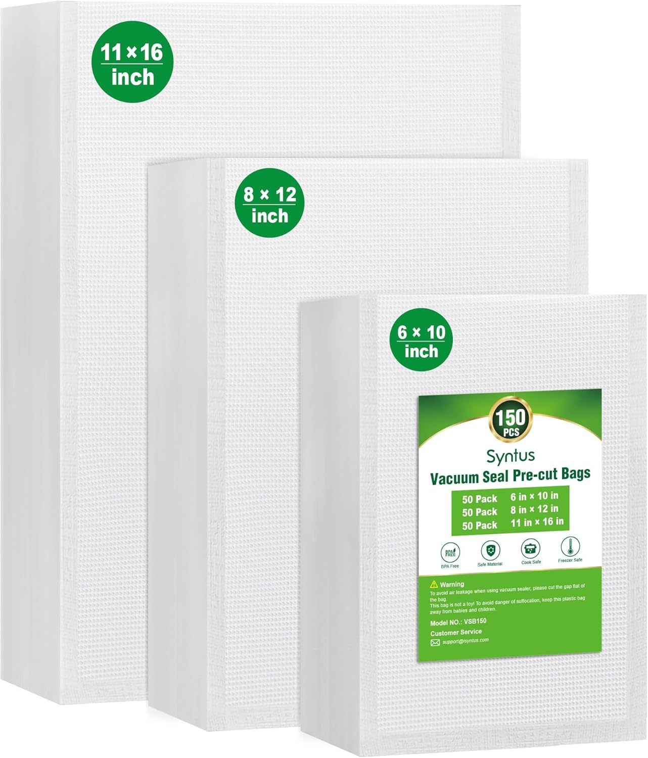 Syntus Vacuum Sealer Bags, 150 Gallon 11" x 16" and Quart 8" x 12" and Pint 6" x 10" Commercial Grade PreCut Bag, BPA Free Food Vac Bags for Storage, Meal Prep or Sous Vide
