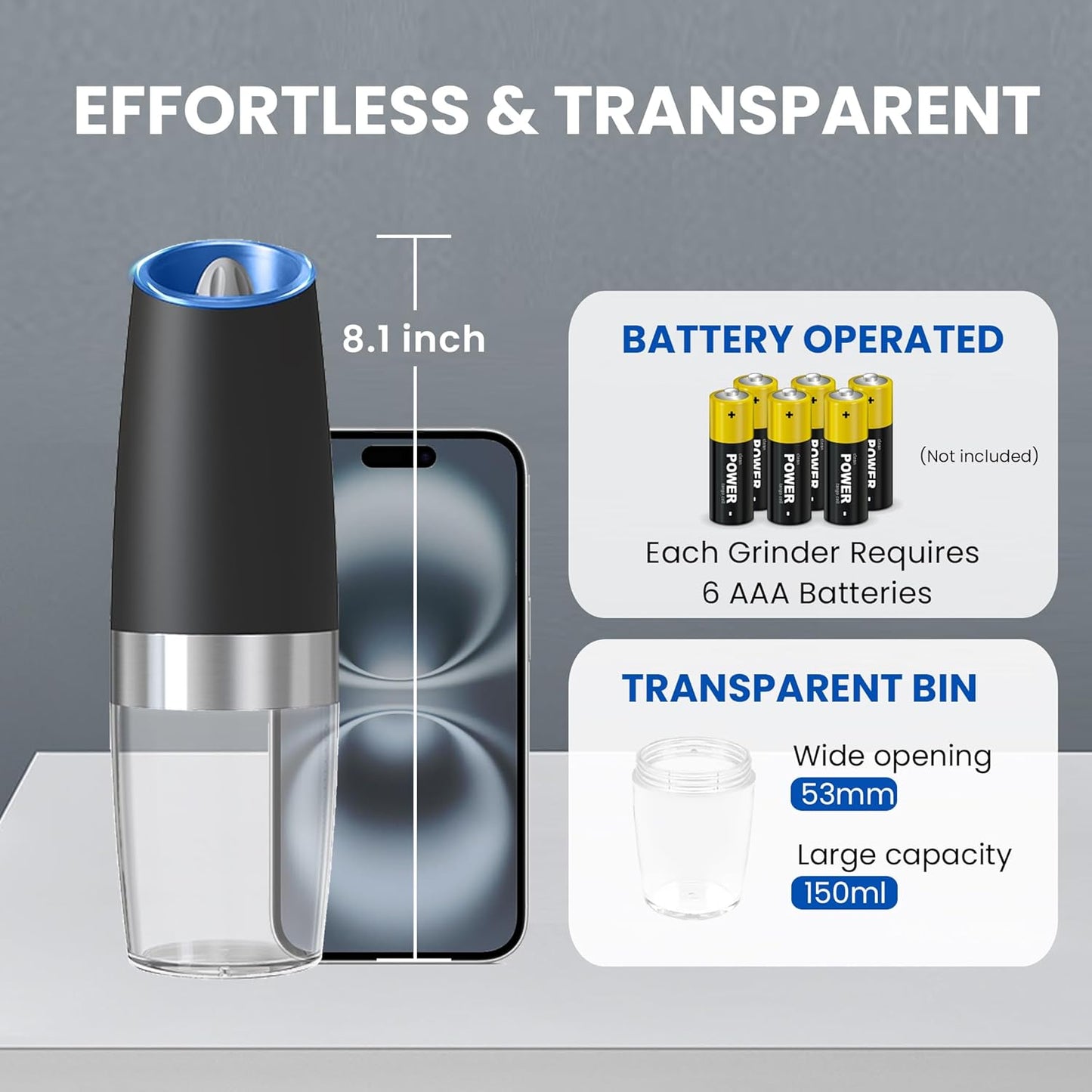 Gravity Electric Salt and Pepper Grinder set of 2, Automatic Salt And Pepper Grinder Set, Adjustable Roughness, Battery Powered, LED Light, 2 Pack, (Black)