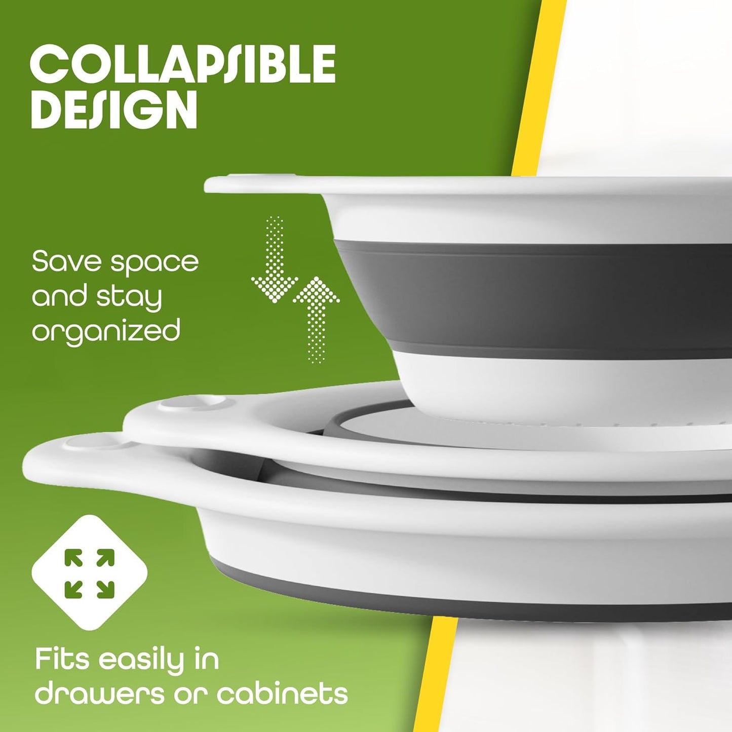 Collapsible Colanders (3 Pack Set) Food Strainers with Over-Sink Water Draining Base for Pasta Fruits and Vegetables (Patent Pending) White (3 Sizes, 3QT, 4QT and 5 Quart)
