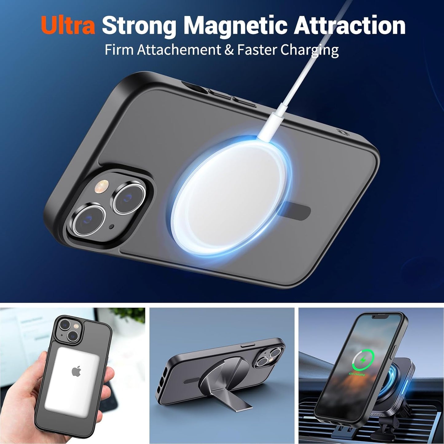 SUPFINE Magnetic for iPhone 14 Case & iPhone 13 Case (Compatible with MagSafe)(Military Grade Drop Protection) Slim Translucent Matte Shockproof Phone Cover,Black