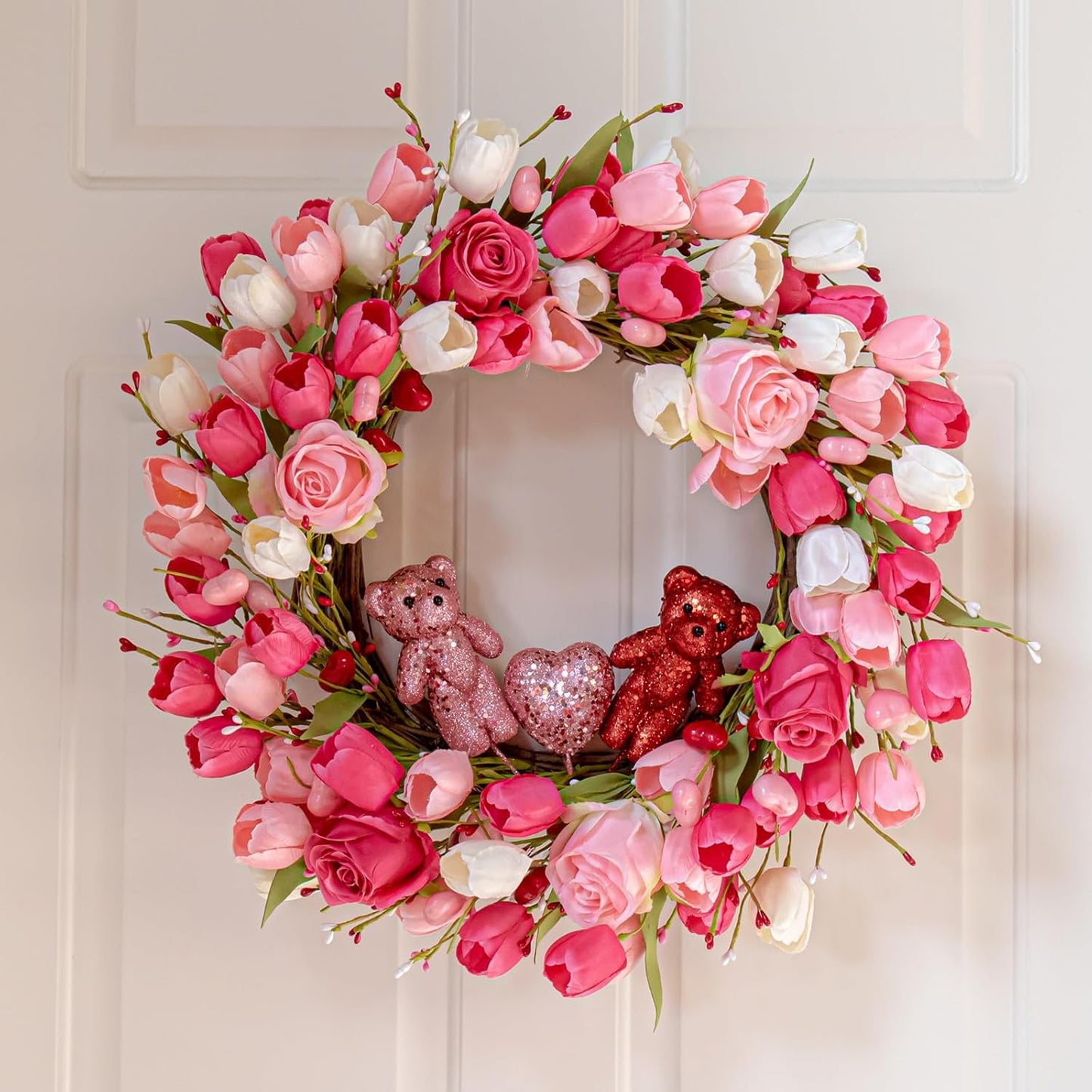 J'FLORU Valentines Day Decorations Romantic Valentines Day Gifts 22 Inch Valentine's Day Wreath with Lovely Bear Heart Roses Tulips for Valentine Party Anniversary Candlelight Dinner