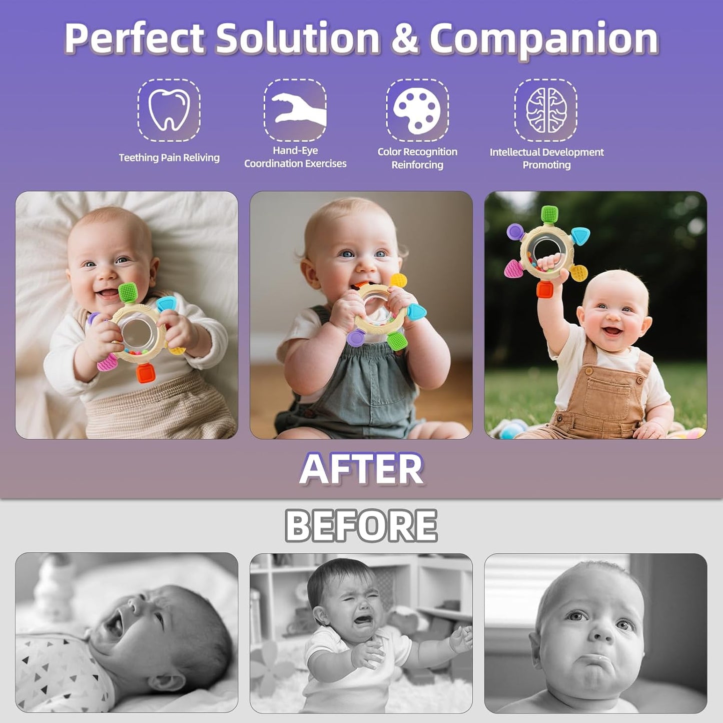 Baby Teething Rings Toys for 0-6 6-12 Months Baby Rattle Teether Sensory Toys for Babies 0-24Months Silicone Teether Relief Chew Soothing Sore Gums for Newborn Infant Essentials BPA Free