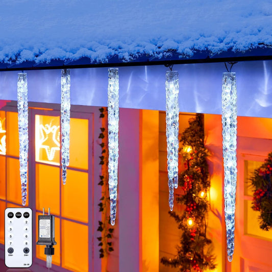 Icicle Lights Outdoor 13.5ft With Remote - 20 Tubes 100 LED Christmas Lights, Waterproof Indoor for Tree Patio Roof Holiday Decor, Cool White