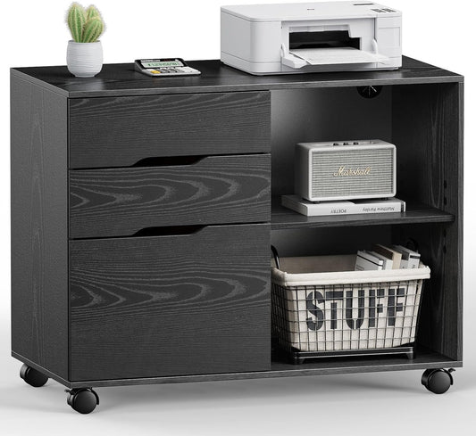 DUMOS Lateral File Cabinet with 3 Drawers Rolling Filing Cabinets Under Desk Storage Printer Stand Wood Organizer with Wheels Adjustable Shelf for Office Home Small Space, Black