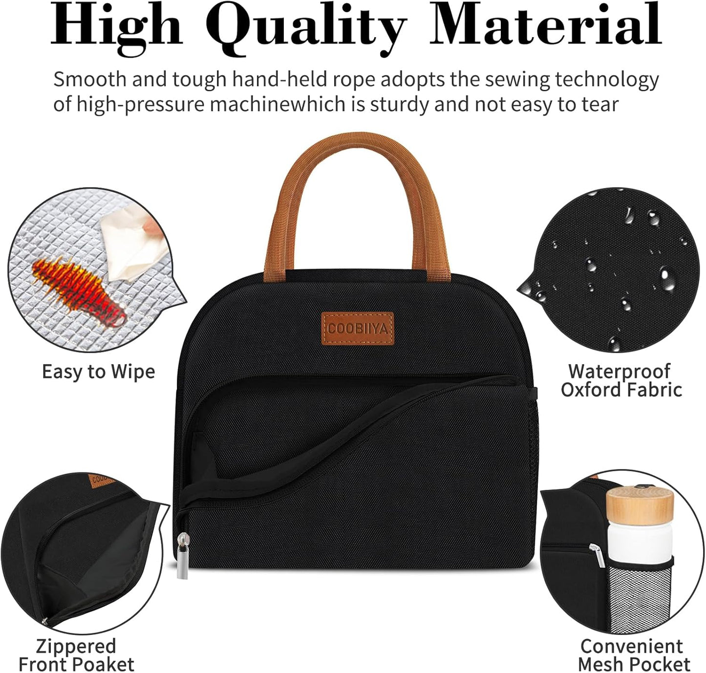 Coobiiya Lunch Box Lunch Bag for Women Adults Men, Reusable Cute Lunch Pail bag - Leakproof, Insulated Lunch Box Tote with Large Capacity, Cooler Lunch Container for Work/Travel/Office (Black)