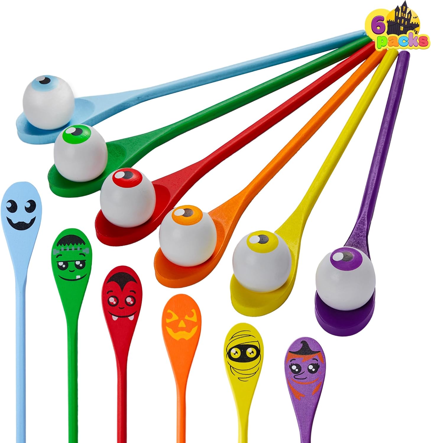 JOYIN Halloween Egg and Spoon Race Game Set; 6 Eyeballs and Spoons with Assorted Colors for Kids Adults Halloween Outdoor Fun Games, Party Favor Supplies, Classroom Activities