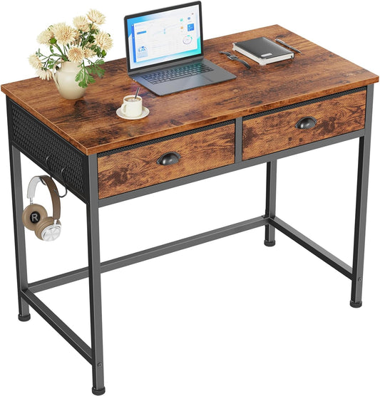 Furologee Small Computer Desk with 2 Fabric Drawers for Bedroom,34 Inch Home Office Writing Desk, Vanity Desk with Hooks, Simple Study Desk for Small Spaces, Makeup Dressing Table, Rustic Brown