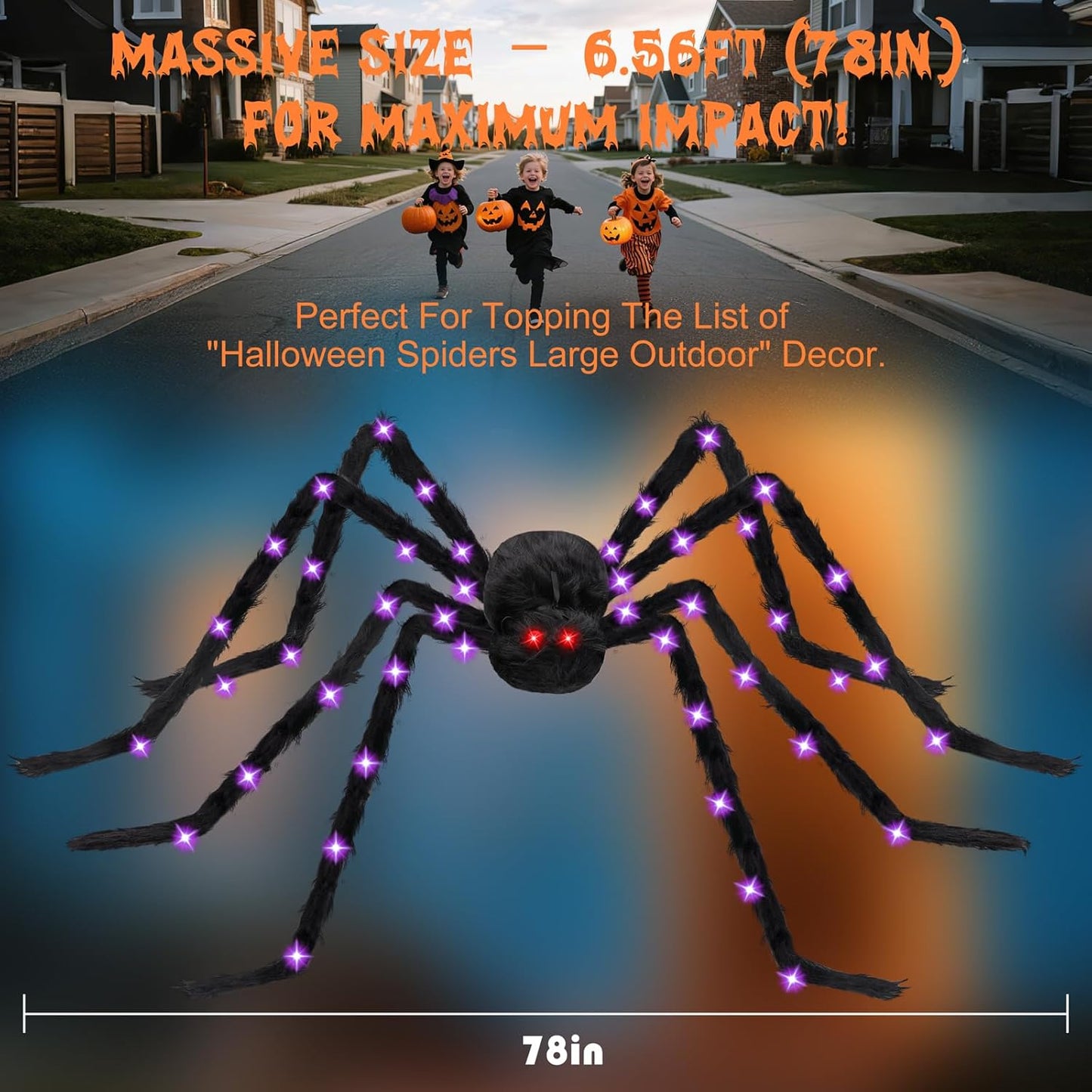 Halloween Decorations Giant Spider - Large Light Up Spider 78IN 44 Purple Lights & 2 Red Eyes, Bendable Metal Legs, 8 Light Modes, Timer - Halloween Decor for Outdoor Yard Party Haunted House