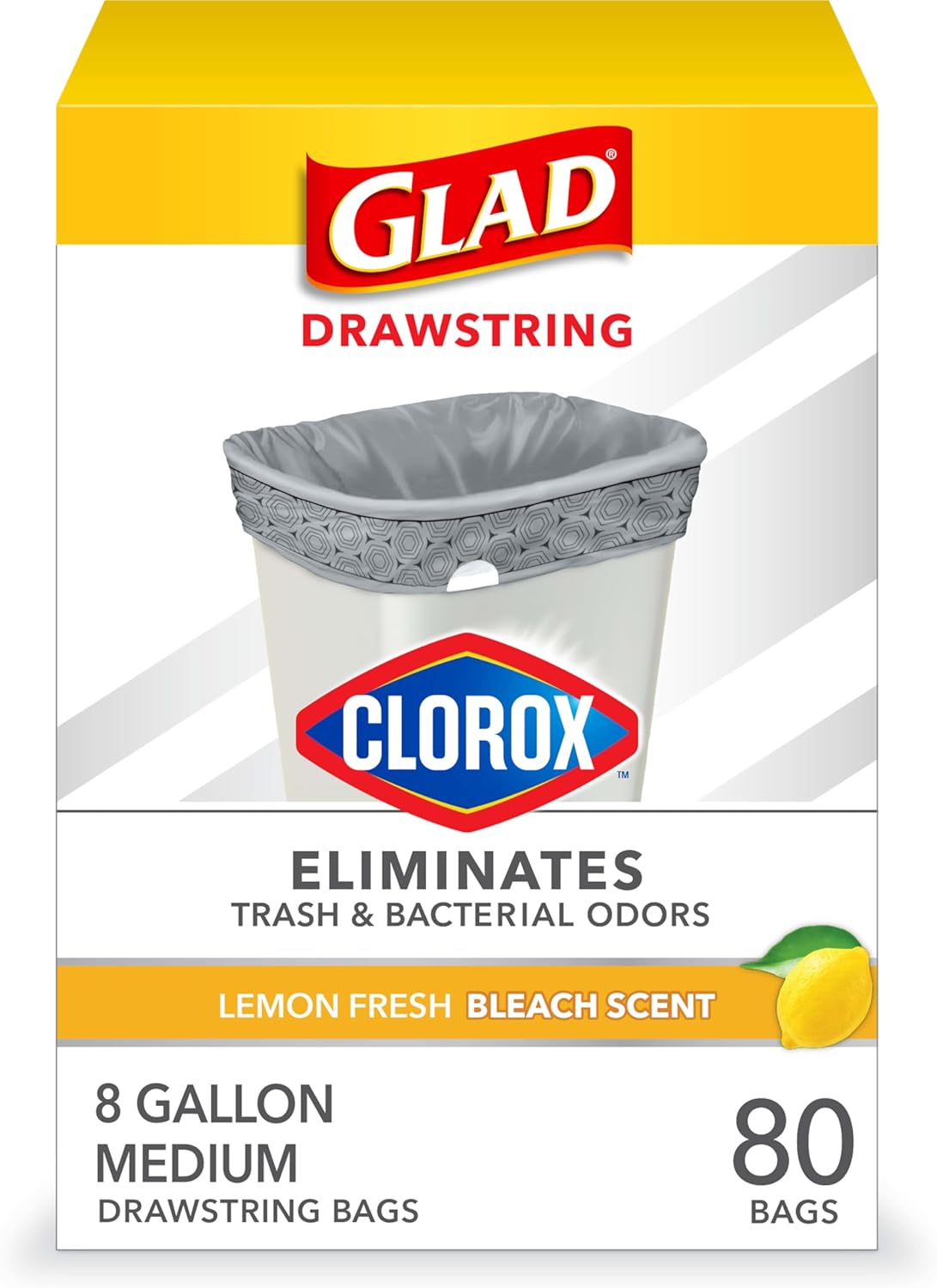 Glad Medium Trash Bags, 8 Gallon, Lemon Fresh Bleach Garbage Bags, Resists Bacterial Odors with Drawstring, 80 Count