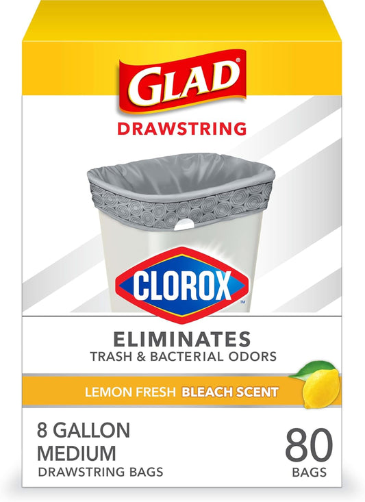 Glad Medium Trash Bags, 8 Gallon, Lemon Fresh Bleach Garbage Bags, Resists Bacterial Odors with Drawstring, 80 Count