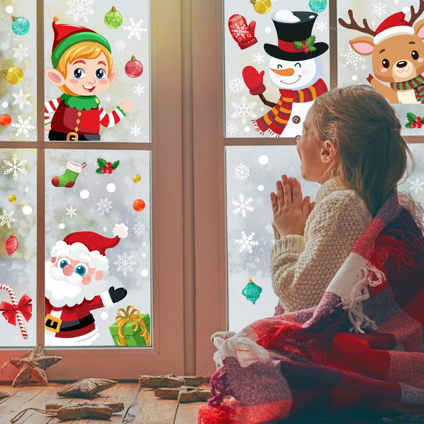72PCS Christmas Window Clings for Glass Windows,Double Sided Snowflakes Xmas Window Stickers,Reusable Static Santa Claus Reindeer Snowman Christmas Decals,Winter & Holiday Decorations