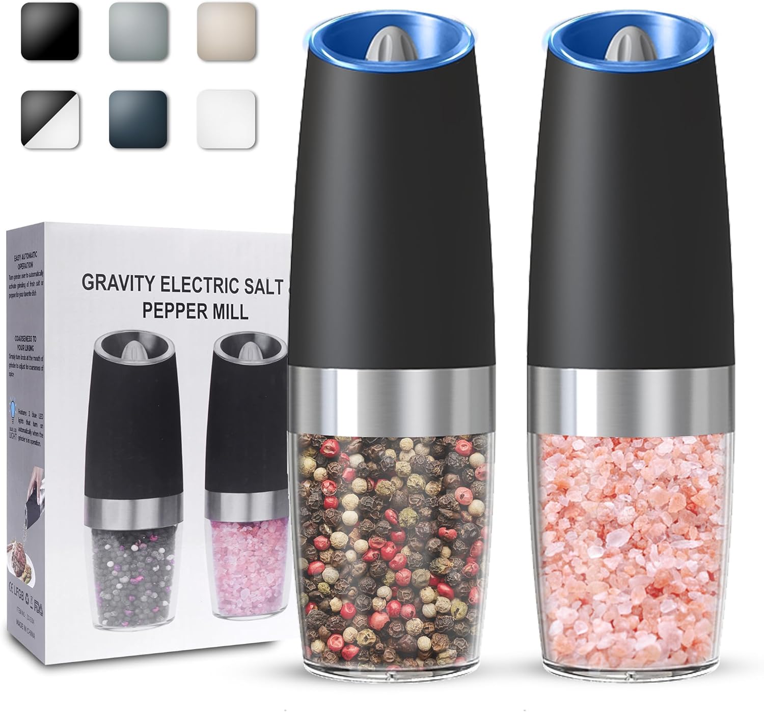 Gravity Electric Salt and Pepper Grinder set of 2, Automatic Salt And Pepper Grinder Set, Adjustable Roughness, Battery Powered, LED Light, 2 Pack, (Black)