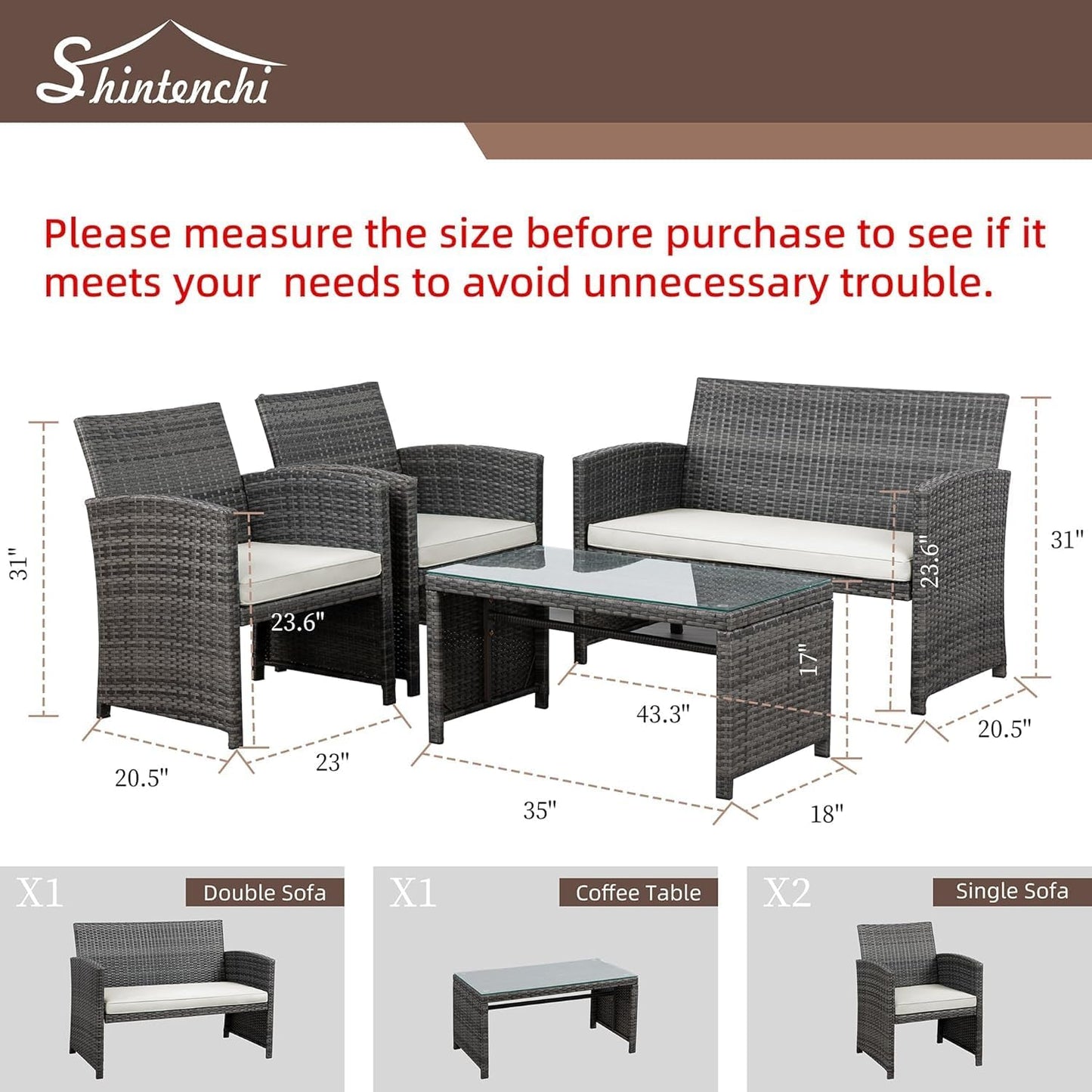 Shintenchi 4 Piece Patio Ratten Set Outdoor Furniture Set Wicker Conversation Set with Cushions and Tempered Glass Tabletop,Beige