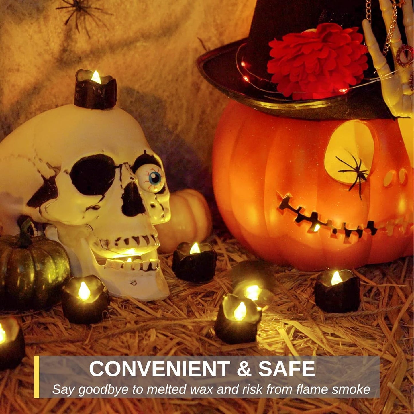 Homemory 24-Pack Halloween Black Dripping Flameless Tea Lights, Battery Operated Flickering LED Candles, Safe for Pumpkins, Party & Holiday Decor, 1.58" D x 1.2" H, Warm White Glow