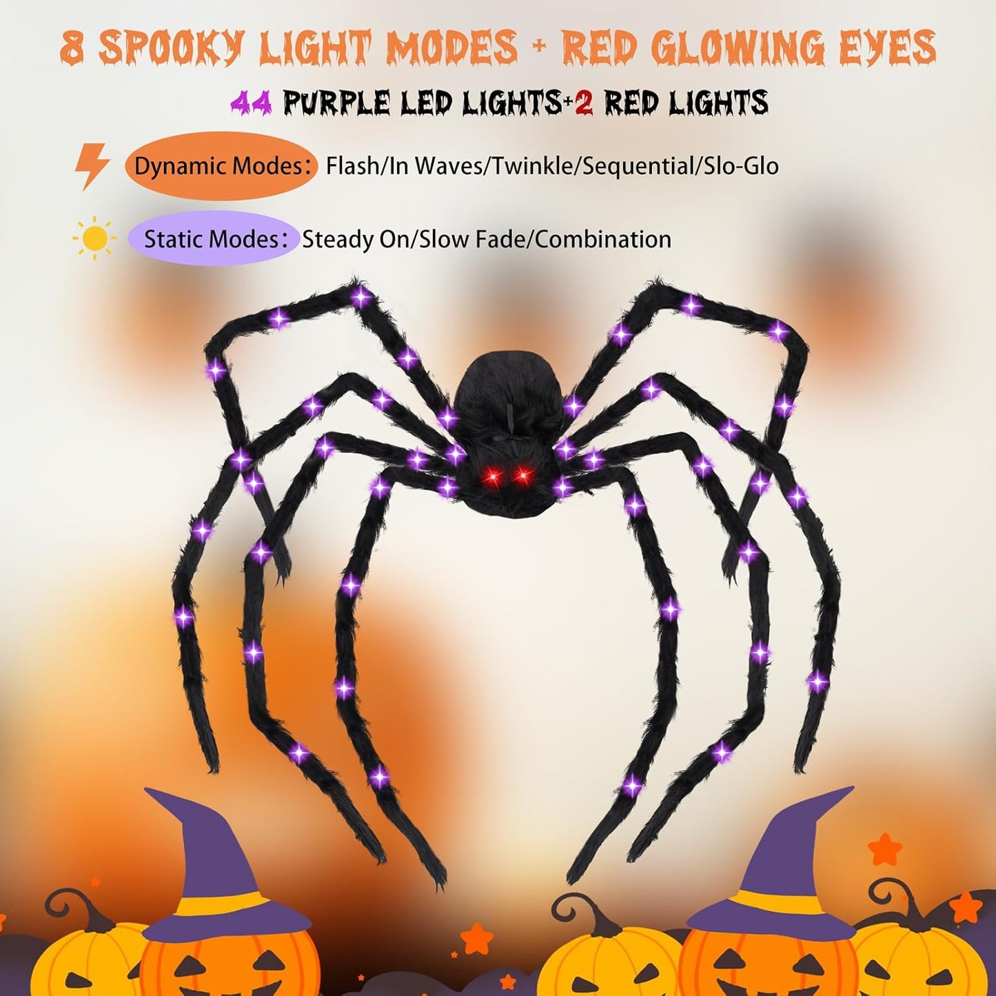 Halloween Decorations Giant Spider - Large Light Up Spider 78IN 44 Purple Lights & 2 Red Eyes, Bendable Metal Legs, 8 Light Modes, Timer - Halloween Decor for Outdoor Yard Party Haunted House