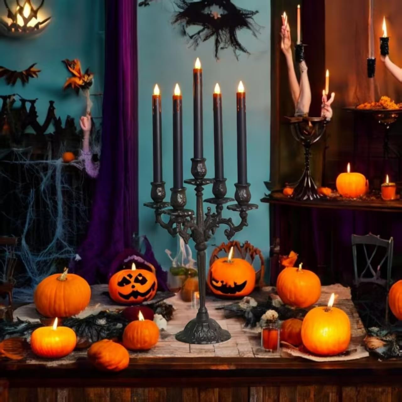 Halloween LED Flameless Taper Candles Black Red Drip with Remote Timer, 6 Pcs Candlesticks with 3D Flickering Flame for Home Fall Indoor Decorations(0.85 x 10.6 Inches)