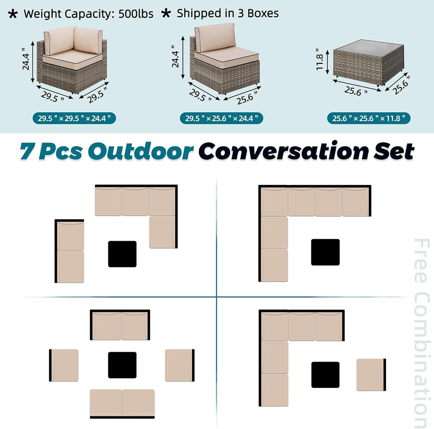 Shintenchi 7 Pieces Outdoor Patio Sectional Sofa Couch, Wicker Furniture Patio Conversation Sets with Washable Cushions & Coffee Table for Garden, Poolside, Backyard